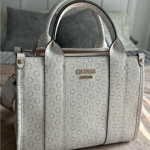 GUESS Cream Logo Satchel with Gold Hardware